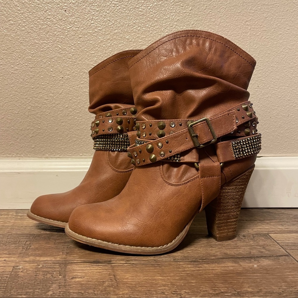 Brown Studded Heeled Booties